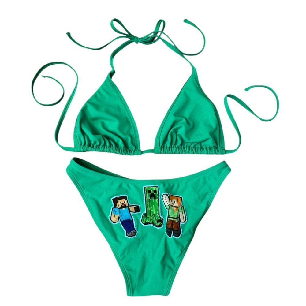 MINECRAFT Green Bikini Skirt Set With Visor Matching Men’s Swim Trunks S/L/XL - Picture 5 of 10
